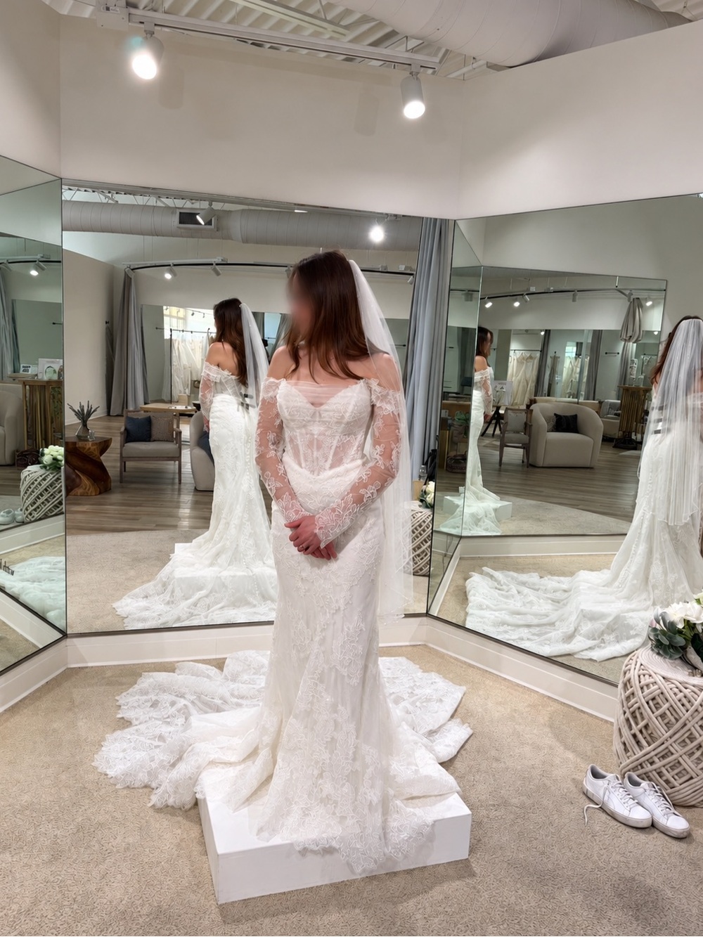 Martina Liana White Lace Off-Shoulder Long Sleeve Wedding Dress